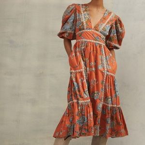 House of Harlow 1960 Wanda Orange Floral V-Neck Midi Tiered Puff Sleeve Dress